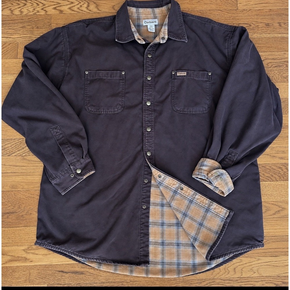 Carhartt Jacket Shacket Shirt Mens 2XLT Brown Canvas Flannel Lined Snap S296 DKB